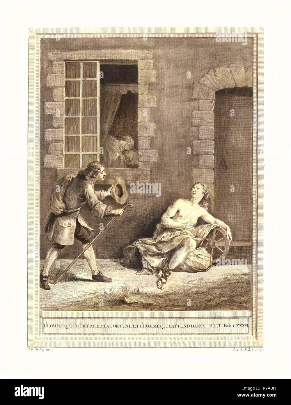 A.-J. De Fehrt dopo Jean-Baptiste Oudry (Francese, nato 1723 ), L'Homme Qui Court Apres La Fortuna et l'Hommequi L'frequentare Dans Son Lit (l'uomo che tribunali Fortune e l'uomo che dorme nel letto), pubblicato 1756, Hand-Colored attacco, dono del sig. e della sig.ra George W. Ware Foto Stock