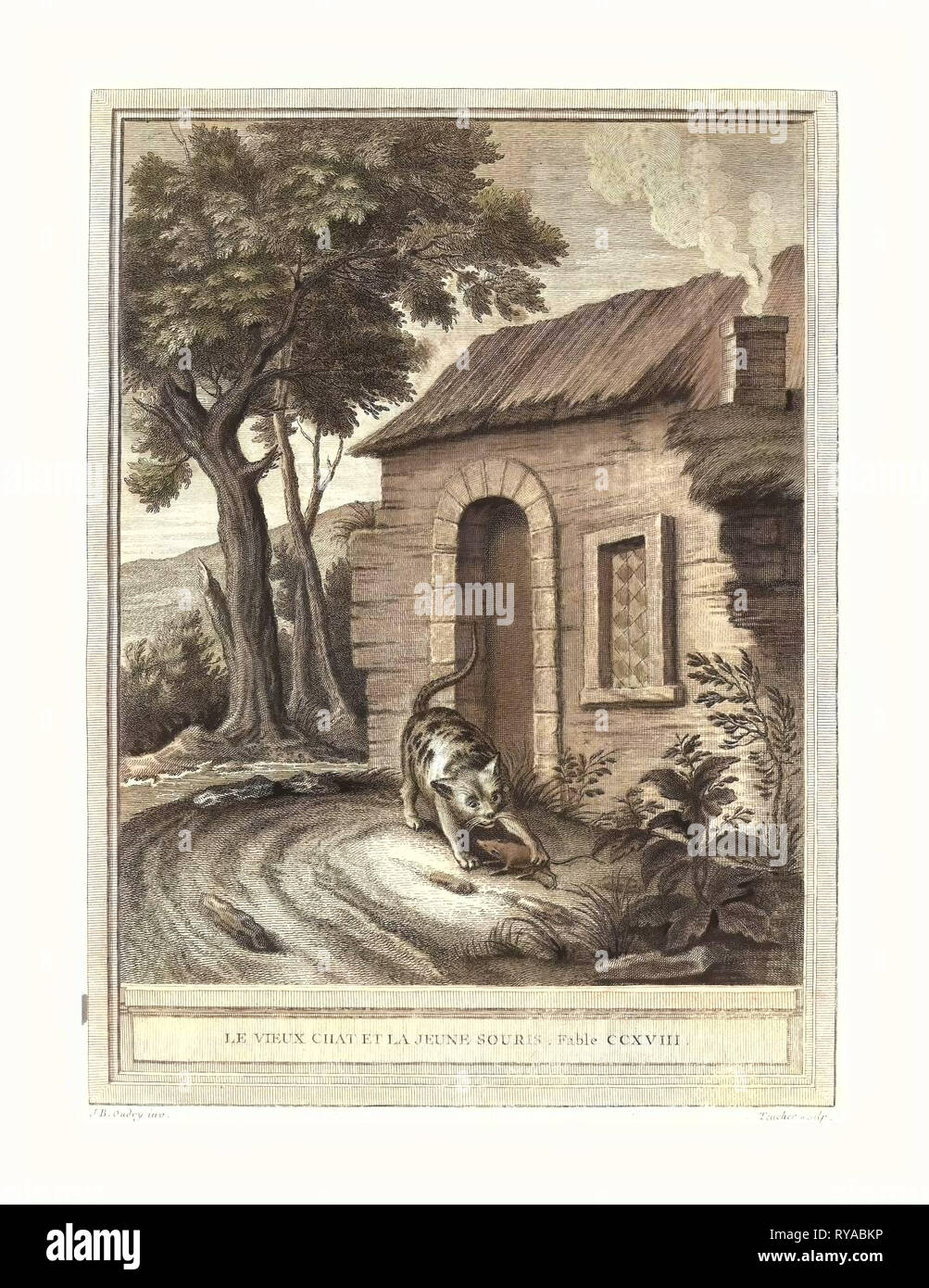 Johann Christoph Teucher dopo Jean-Baptiste Oudry (tedesco, C. 1715 - 1763 o dopo ), Le Vieux Chat et La Jeune Souris (il vecchio Catand il giovane Mouse), pubblicato 1759, Hand-Colored attacco, dono del sig. e della sig.ra George W. Ware Foto Stock