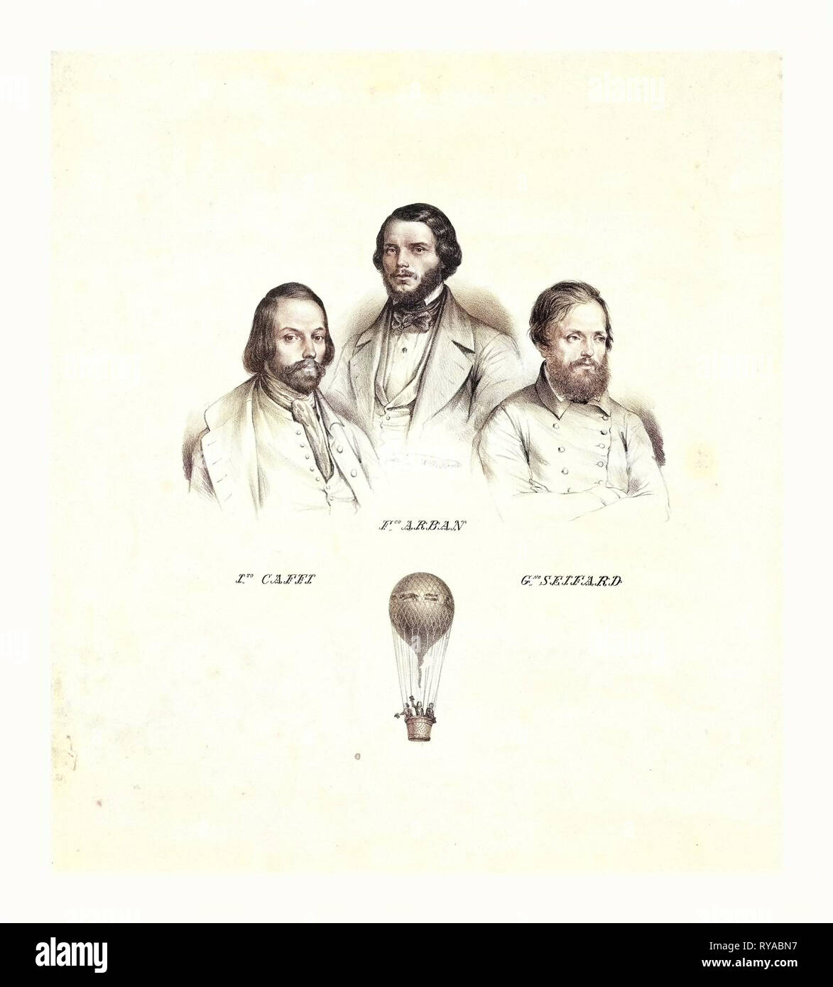 Ritratti di tre Balloonists Ippolito Caffi, Francesco Arban, E G. Seiffard, con una piccola vista di essi in un palloncino ascendente, Roma, 1847, Italia Foto Stock