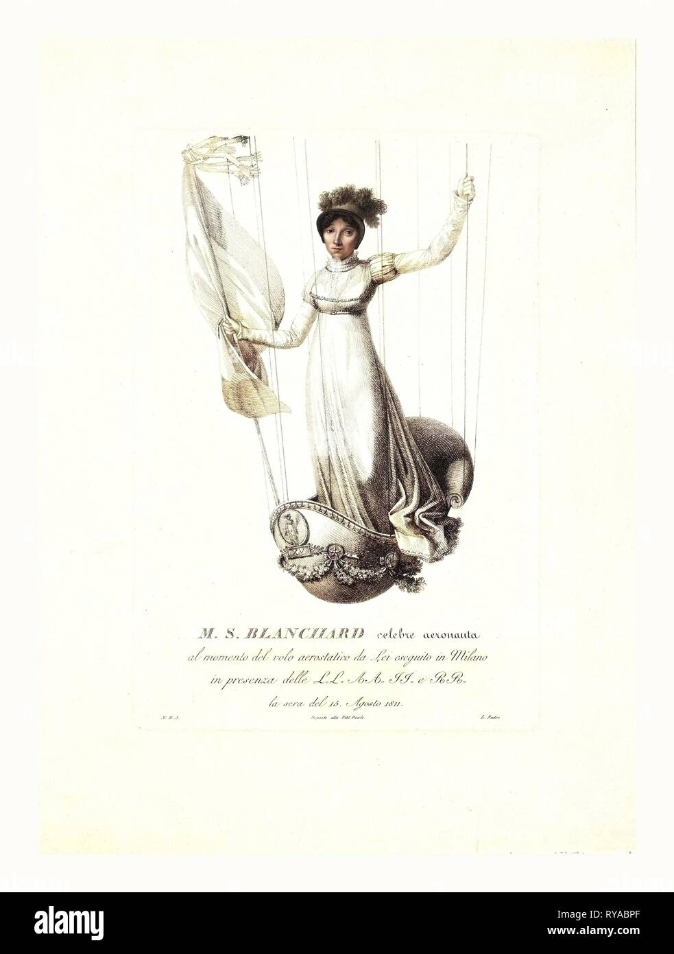 M.S. Blanchard, (Madeleine Sophie Armand) Aeronaut francese del XIX secolo l'incisione Foto Stock