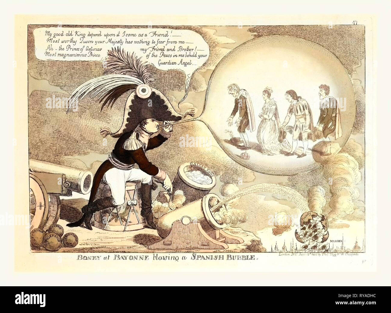Boney a Bayonne soffiando una bolla spagnola,1808 Napoleone convincente la royalty spagnolo, che sono racchiusi in una bolla di sapone, della sua amicizia come lui spara una palla di cannone a Madrid Foto Stock