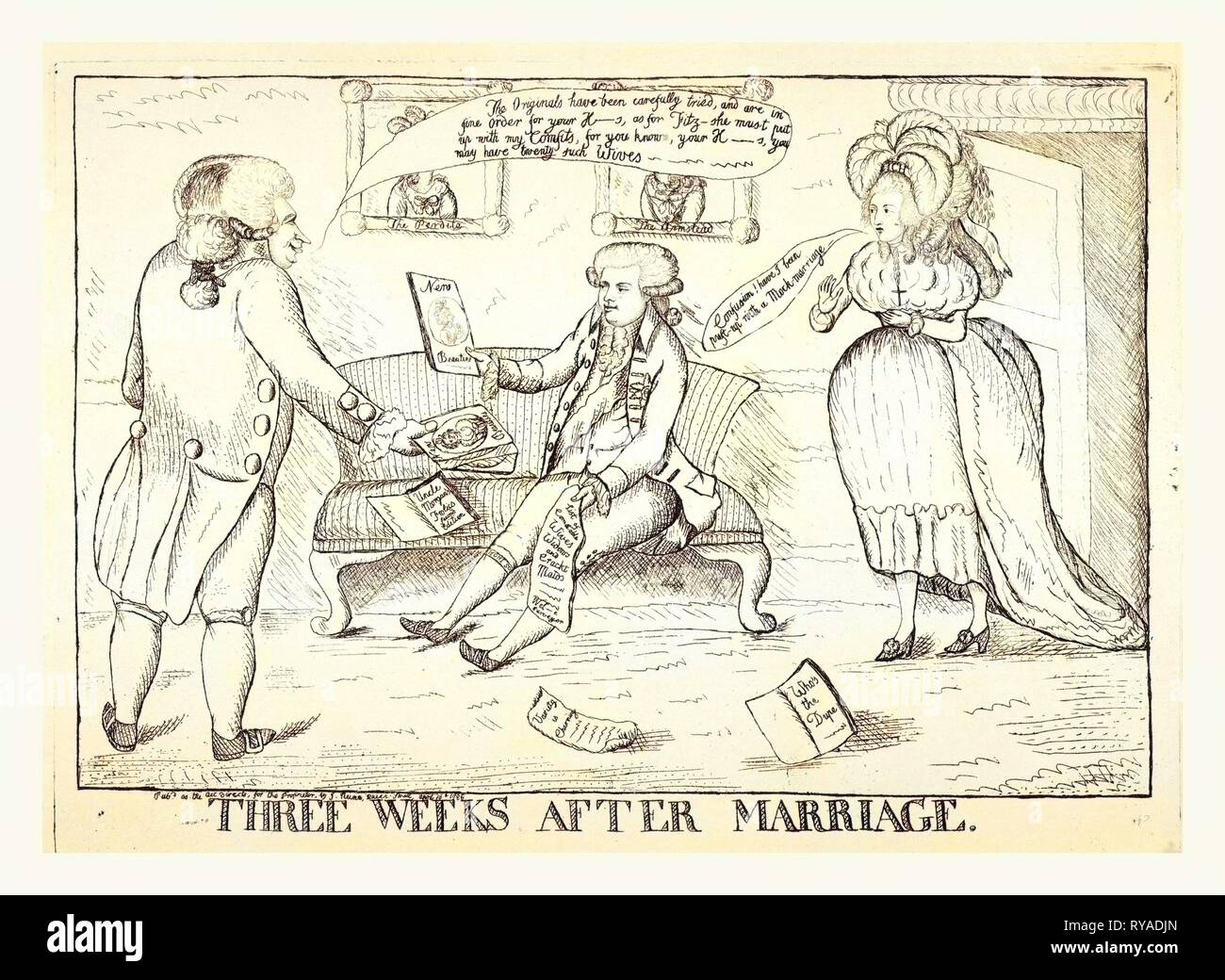 Tre settimane dopo il matrimonio, London, 1786, un uomo in piedi sulla sinistra offrendo ritratti di nuove passioni a George, Principe di Galles, chi è seduto su un divano sotto i ritratti della perdita e la Armstead, l'uomo racconta George che gli originali sono state attentamente provato e sono in ordine di fine per il vostro H S, come per Fitz, Lei deve mettere in su con il mio confetti, per voi sapete, il vostro H S, si possono avere venti tali mogli. George, nel frattempo, contiene ritratti di bellezze nuovo Foto Stock