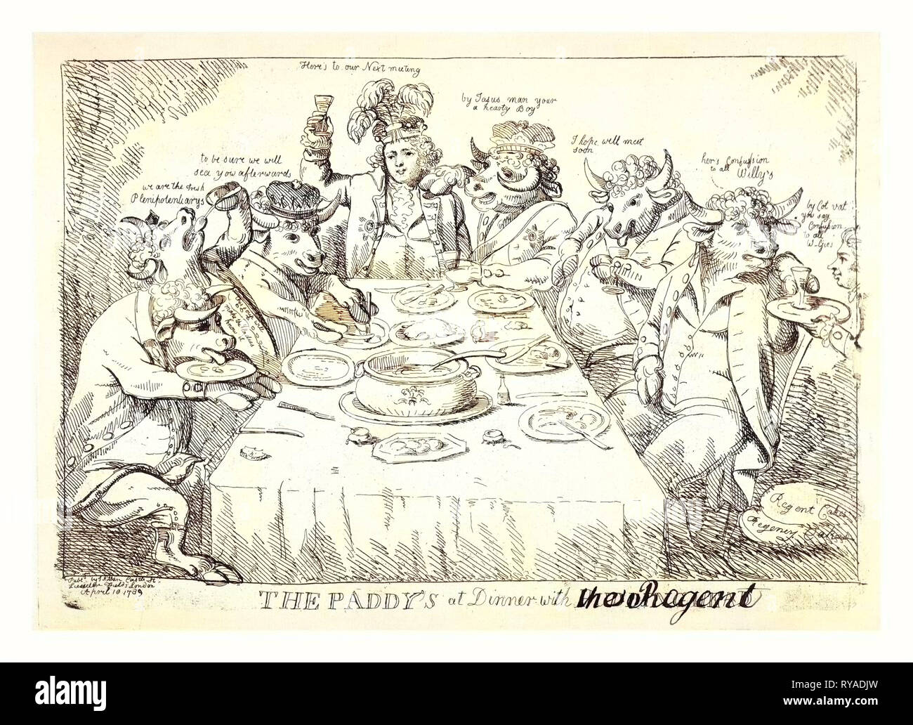 Il Paddy's a cena con Puddinghead, il Regent, London, 1789, George, Principe di Galles, seduti a un tavolo a mangiare e a bere con diversi tori, il Paddys, un riferimento al principe di sostenitori irlandese, di cui due corone di usura. La malattia di George III (1788-1790) ha sollevato il problema di una limitata Regency per il Principe Foto Stock