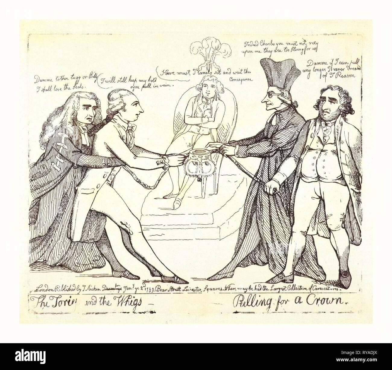 I Tories e Whigs tirando per una corona, London, 1789, George, Principe di Galles, seduti su un trono in background in attesa dei risultati di un Tug-of-War oltre la corona (e la Regency per il Principe) tra i Tories rappresentato da Edward Thurlow e William Pitt e i Whigs rappresentato da Edmund Burke e Charles Fox. La malattia di George III (1788-1790) ha sollevato il problema di una limitata Regency per il Principe Foto Stock