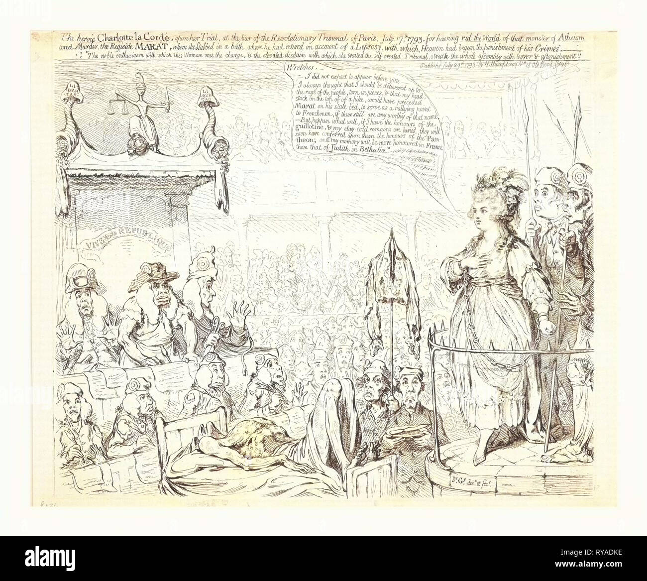 L'Eroica La Charlotte Corday, sulla sua prova, presso il Bar del tribunale rivoluzionario di Parigi, luglio 17, 1793, Gillray James, 1756-1815, artista, incisione, Charlotte Corday in piedi davanti ai giudici del tribunale rivoluzionario con il corpo di Marat che giace tra di loro. Essa risponde al Tribunale, disgraziati, non mi aspettavo di comparire dinanzi a voi - ho sempre pensato che avrei dovuto essere consegnati fino alla rabbia del popolo, strappata in pezzi, e che la mia testa, bloccata in posizione sulla parte superiore di un luccio, avrebbe preceduto Marat sul suo stato letto, per servire come punto di incontro per i francesi Foto Stock