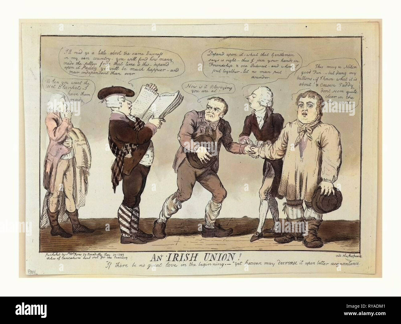 Un Unione irlandese, Cruikshank, Isacco 1756?-1811?, artista, incisione 1799, William Pitt che unisce le mani di risone, un agricoltore irlandese, e John Bull, nessuno dei quali sembrano preoccupati per l'Unione, mentre il Signore Dundas, sulla sinistra, la lettura di una storia della Scozia dice, dipendono da esso Paddy voi sarà molto più felice - e Mair indipendente che mai Foto Stock