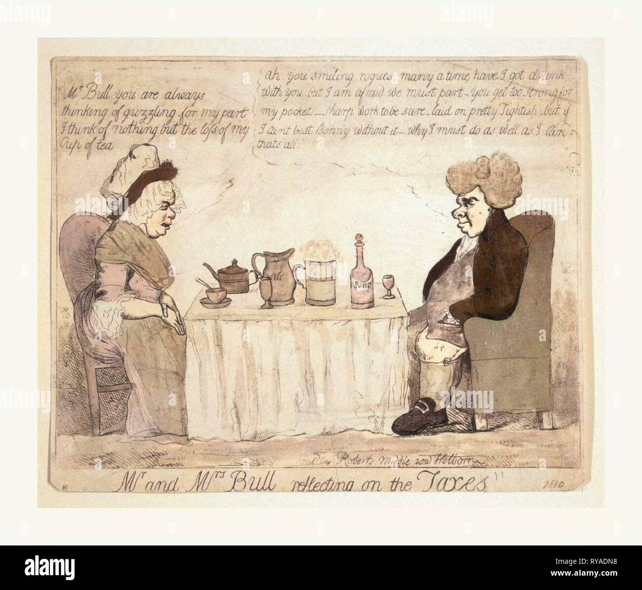 Il sig. e la Sig.ra Bull riflettendo sulle tasse, una scena domestica con un uomo e una donna seduta in corrispondenza di estremità opposte di una tabella che è impostato per il tè, Ale e porta il consumo, la sig.ra Bull si lamenta il sig. Bull di tendenza verso Guzzling, al quale il sig. Bull risposte, ... Ma se non riesco a battere Bonny senza di essa - Perché devo fare bene come posso Foto Stock