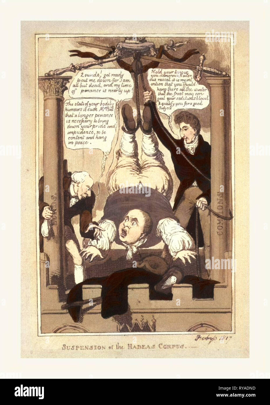 Sospensione del habeas corpus, 1817, John Bull sospeso dai suoi piedi tra due colonne etichettate signori e Commons Foto Stock