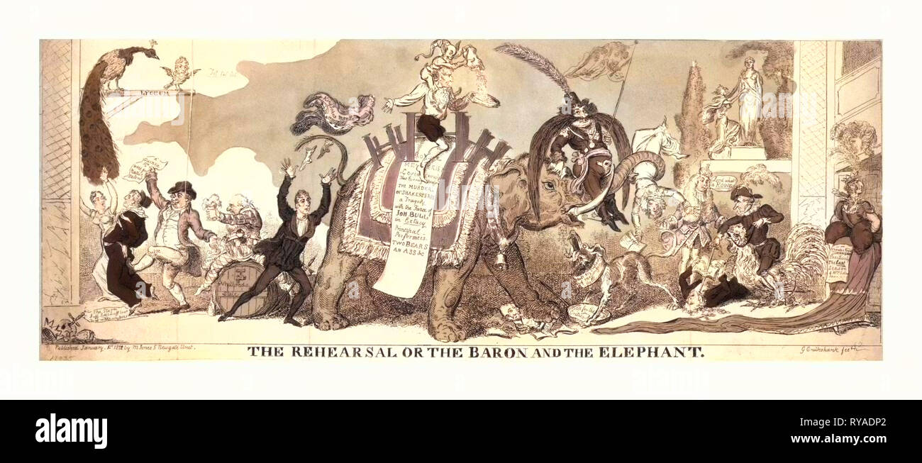 La prova o il barone e l'Elefante, Cruikshank, George, 1792-1878, incisione 1812, una satira del Covent Garden Pantomime del 1812-13, che ha causato una sensazione dalle prestazioni di un elefante. L'elefante schiaccia sotto un Fore-Foot un busto di Shakespeare e di un numero di libri aperti. Il barone Geramb, indossando un enorme di baffi, Bestrides la parte superiore del tronco. Sull'elefante torna in luogo del 'sultan del Cashmire", siede Giovanni Kemble, che getta dietro di lui i suoi calzini e mantello Ermine-Bordered inscritto Re John's mantello verso un attore, Elliston Foto Stock