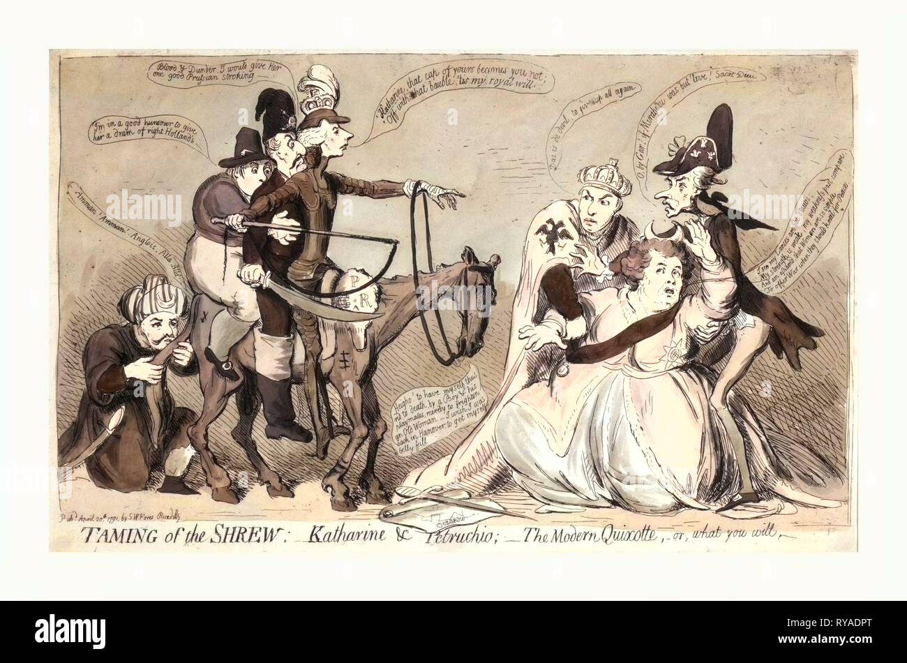 Addomesticare la megera, Katharine e Petruchio, il moderno Quixotte, o quello che volete, Gillray James, 1756-1815, incisione 1791, Caterina II, debole e Shying lontano da William Pitt, che appare come Petruchio, e Don Chisciotte a cavallo (una magra e segnato George III la cui autorità è stato usurpato da Pitt), seduto dietro di Pitt sono i re di Prussia e una figura che rappresenta Holland come Sancho Panza, Selim III si inginocchia a baciare il cavallo di coda, un Gaunt figura che rappresenta il vecchio ordine in Francia e Leopoldo II Assistenza di rendering a Catherine impedendo la sua cada a terra Foto Stock