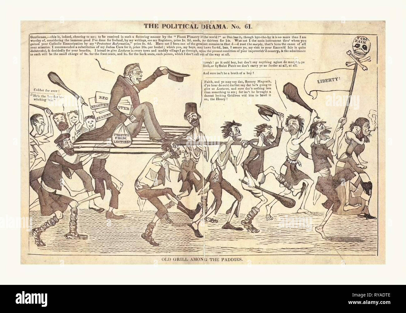 Il dramma politico. No. 61. Vecchia Griglia tra le risaie, En Sanguine incisione 1832?, William Cobbett a cavallo su un grande graticola sostenuti da una Ragged truppa di Caricatured irlandesi in una processione a seguito di un uomo che porta una bandiera Pole e rabboccato con una morte la testa di Tom marcato dolore e battenti una bandiera etichettato Liberty Foto Stock