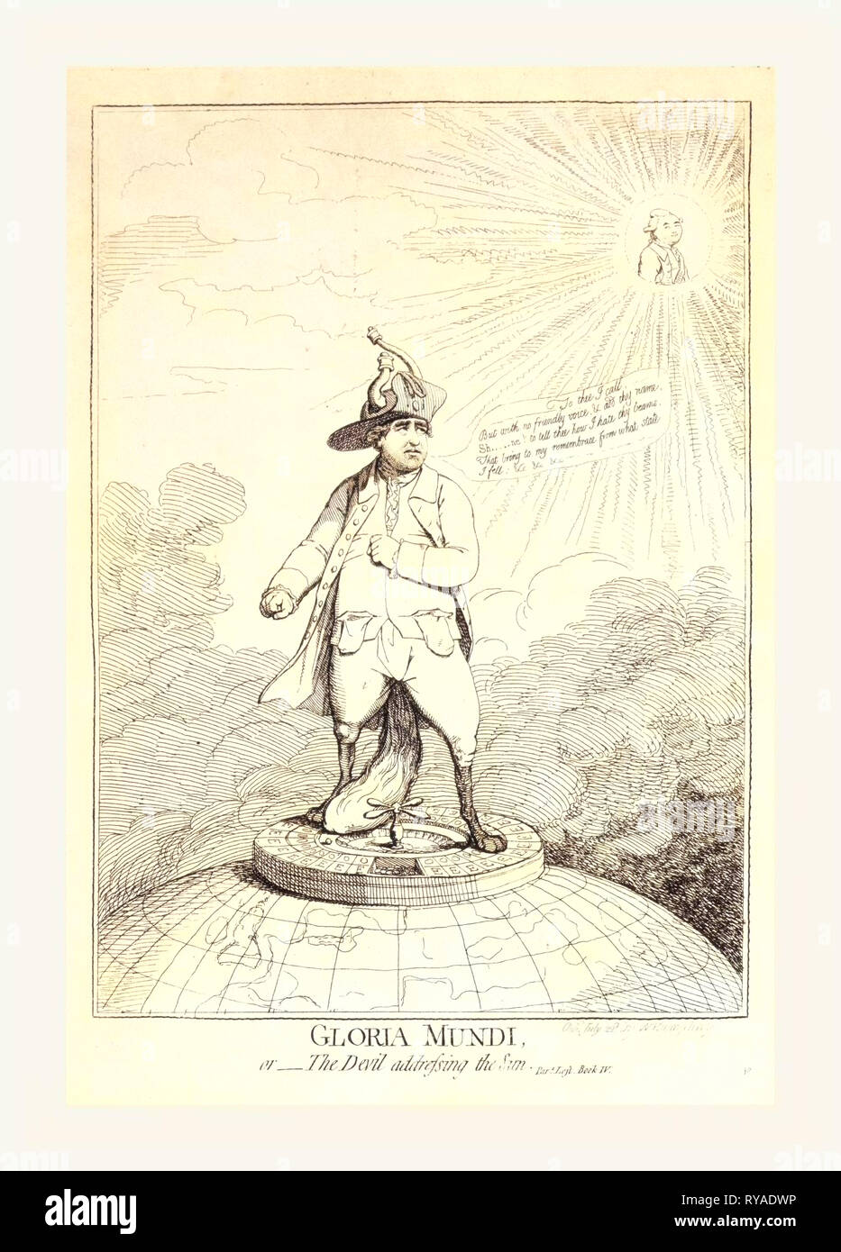 Gloria Mundi, o il diavolo affrontare il sole pare. Perso, libro IV, Gillray James, 1756-1815, artista, Londra, incisione 1782, En Sanguine incisione mostra Charles James Fox in piedi su una ruota della Roulette appollaiato sulla cima di un globo che mostra l'Inghilterra e l'Europa continentale, l'implicazione è che il suo stato squattrinati, indicato da Turned-Out tasche, è dovuto al gioco d'azzardo egli guarda oltre la sua spalla sinistra fino a un busto di Shelburne chi, come il sole è la trasmissione via IR radiosamente. Come Edmund Burke, il Fox si è dimesso dalla carica di Segretario di Stato per gli affari esteri in segno di protesta per la nomina di Shelburne seguenti Rockingham della morte Foto Stock