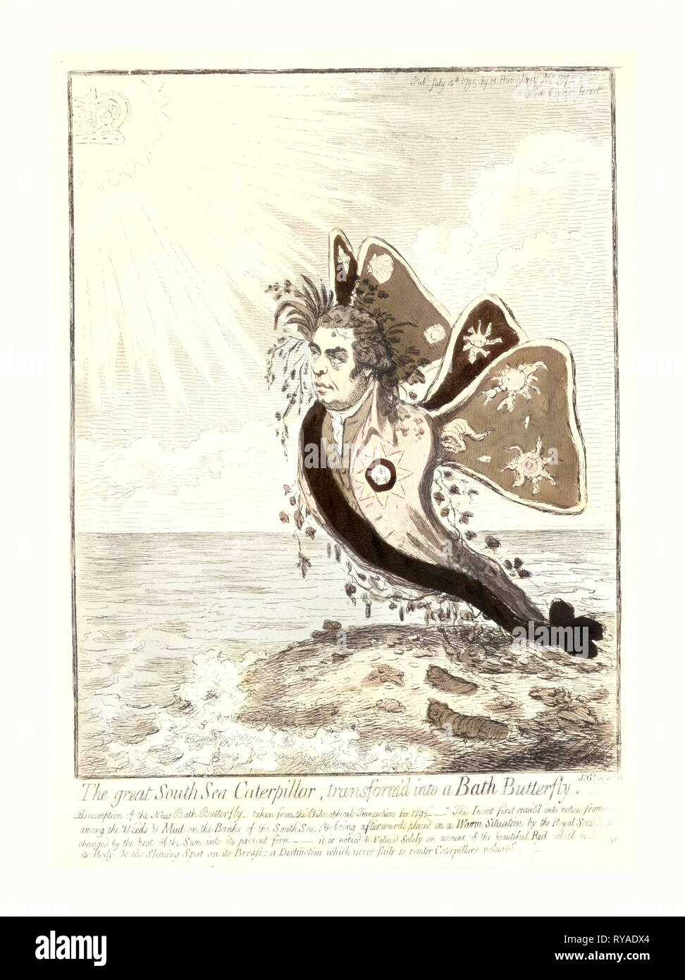 Il Grande Mare del Sud di Caterpillar, trasformare'D in un bagno farfalla, Gillray James, 1756-1815, artista [Londra], 1795, la metamorfosi di Sir Joseph Banks da un bruco in una farfalla dopo la sua investitura con l'ordine del bagno come un risultato del suo mare del Sud spedizione. Drappeggiati con il nastro, e indossando il gioiello del bagno, egli risorge, Crisalide sagomato, dal velme su ali di farfalla blasonate con creature del mare verso un sole radiante che racchiude una corona Foto Stock