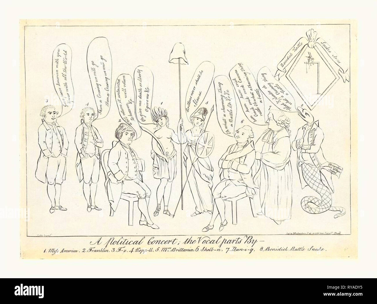 Un concerto di politici, le parti vocali da 1. Miss America, 2. Franklin, 3. F--X, 4. Kepp--Ll, 5. La sig.ra Britania, 6. Shelb--N, 7. Dun--I--G, 8. Benidick Rattle Snake, Colley, Thomas, active 1780-1783, artista [Londra], 1783, incisione, nativo di una donna in rappresentanza di America e Britannia in piedi al centro tenendo un palo e rabboccato con un Liberty Cap, essi sono uniti da Benjamin Franklin, Charles James Fox, Augustus Keppel, Signore Shelburne, John Dunning, e un Rattlesnake come Benedict Arnold in piedi al di sotto di una immagine di un patibolo Foto Stock