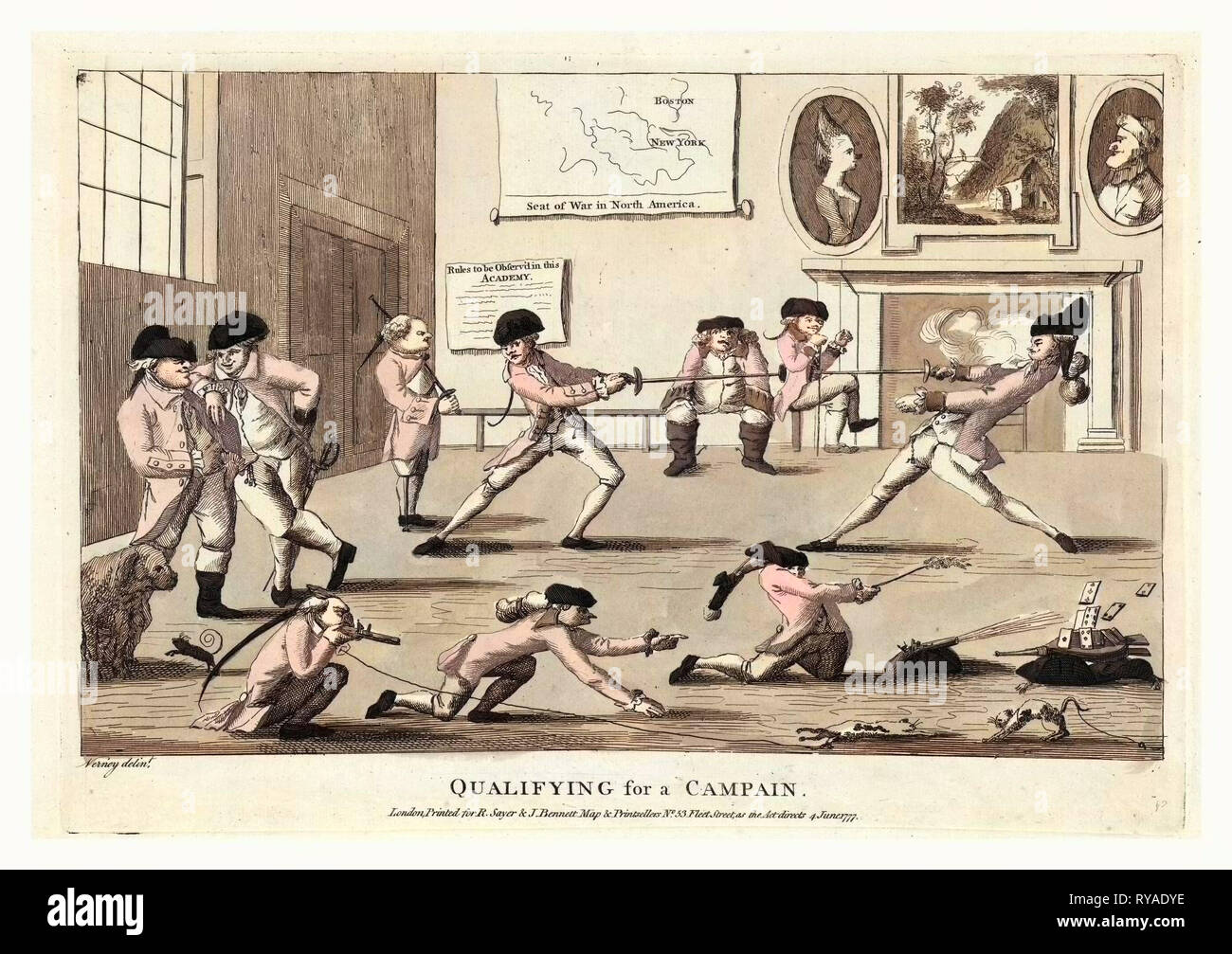 Qualifica per un Campain, una vista interna di una camera presso un'accademia militare in cui ufficiali britannici, in una maniera Child-Like, dimostrare le competenze nella speranza di proteggere un comando per la guerra con le colonie americane Foto Stock