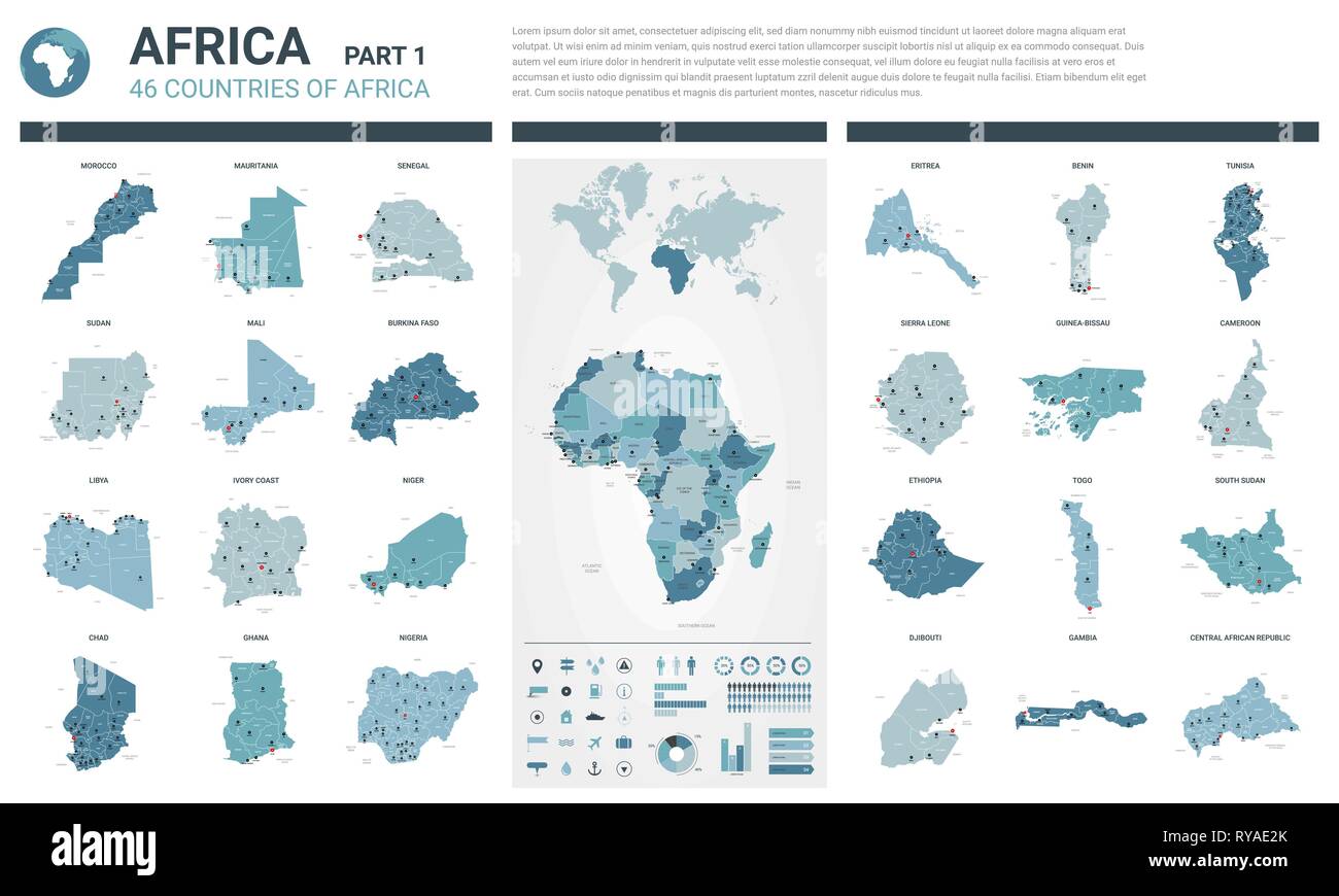 Mappe vettoriali set. Alta 46 dettagliate mappe di paesi africani con la divisione amministrativa e città. Mappa politico, mappa del continente africano, mondo ma Illustrazione Vettoriale