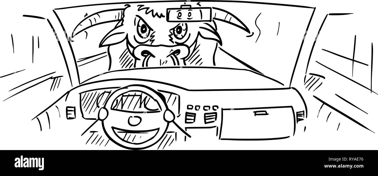 Cartoon di cruscotto di automobile e mani del conducente sul volante mentre grandi Bull è guardare all'interno Illustrazione Vettoriale