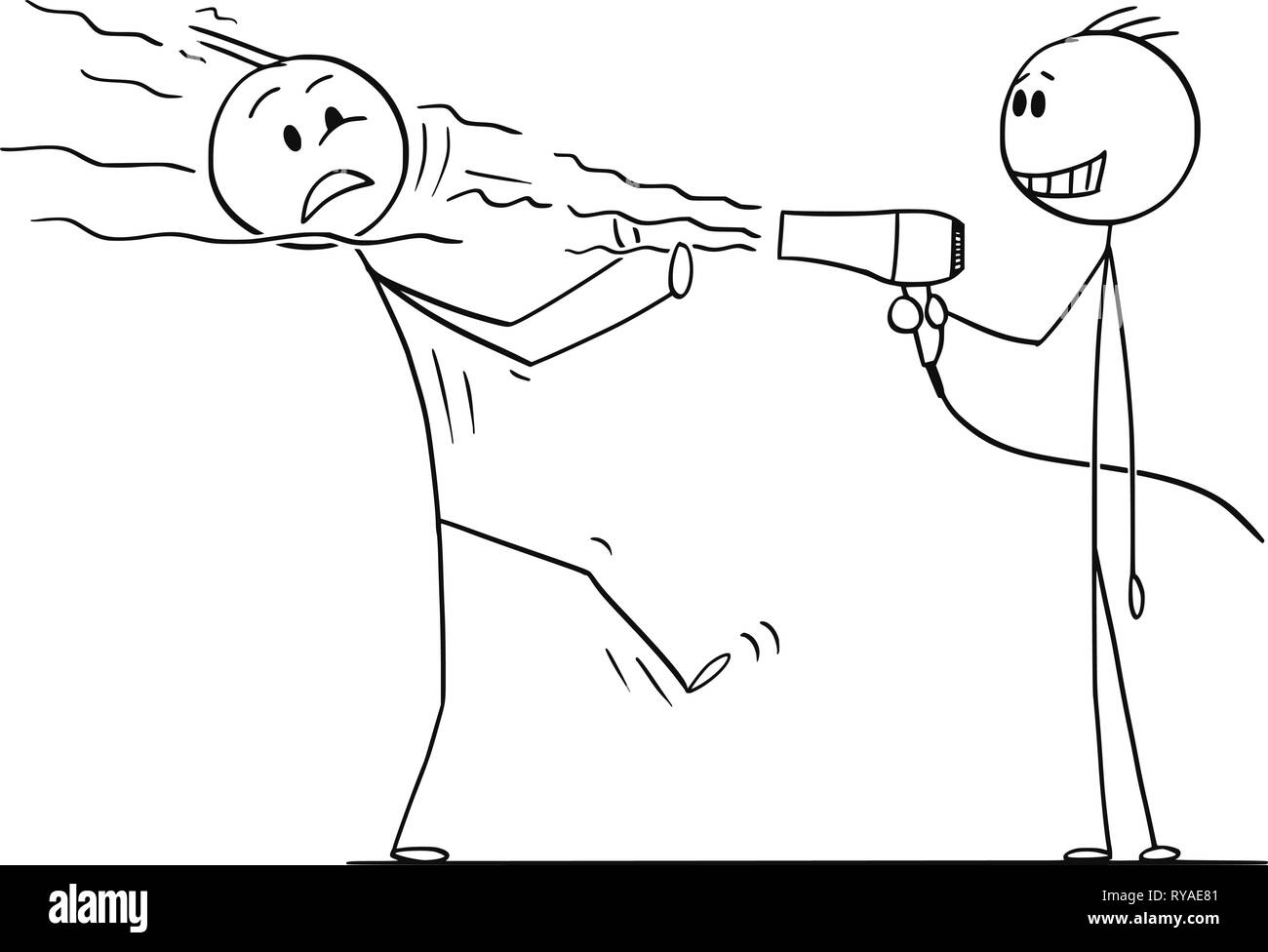 Cartoon di dispettosi uomo soffiando a un altro uomo con asciugacapelli Illustrazione Vettoriale