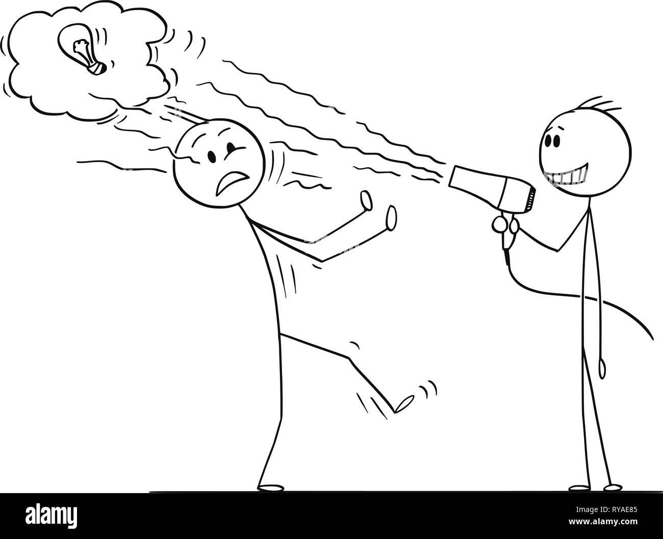 Cartoon di imprenditore con asciugacapelli per soffiare idea di azienda concorrente Illustrazione Vettoriale