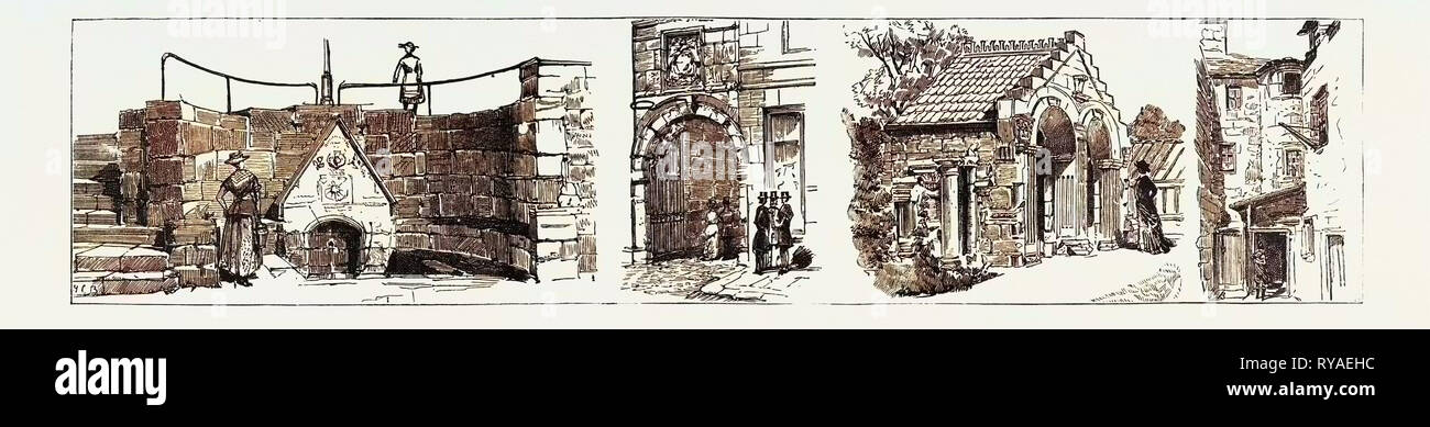 Aberdeen: il bene di Spa (sinistra), Gateway precedente al Marischal College (secondo da sinistra), casa estiva di Dee Street, costruito dai resti della vecchia chiesa di San Nicholas e il Municipio della Città Vecchia (secondo da destra), la nave fila, i resti della casa di un nobile scozzese (a destra)., Regno Unito Foto Stock