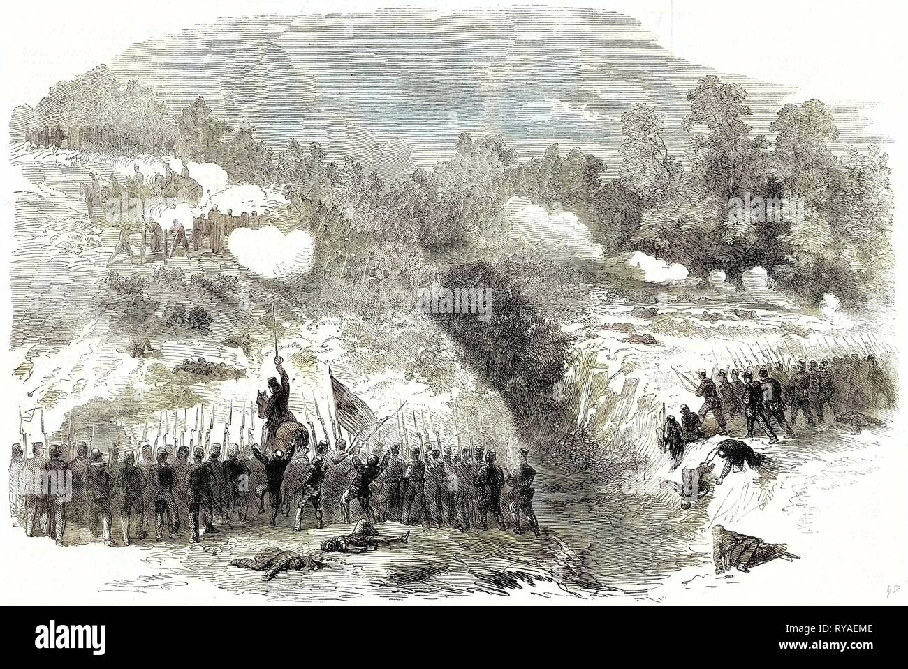 La guerra civile in America: Attacco sulle batterie confederati a Bull Run dal ventisettesimo e xiv New York reggimenti 17 Agosto 1861 Foto Stock