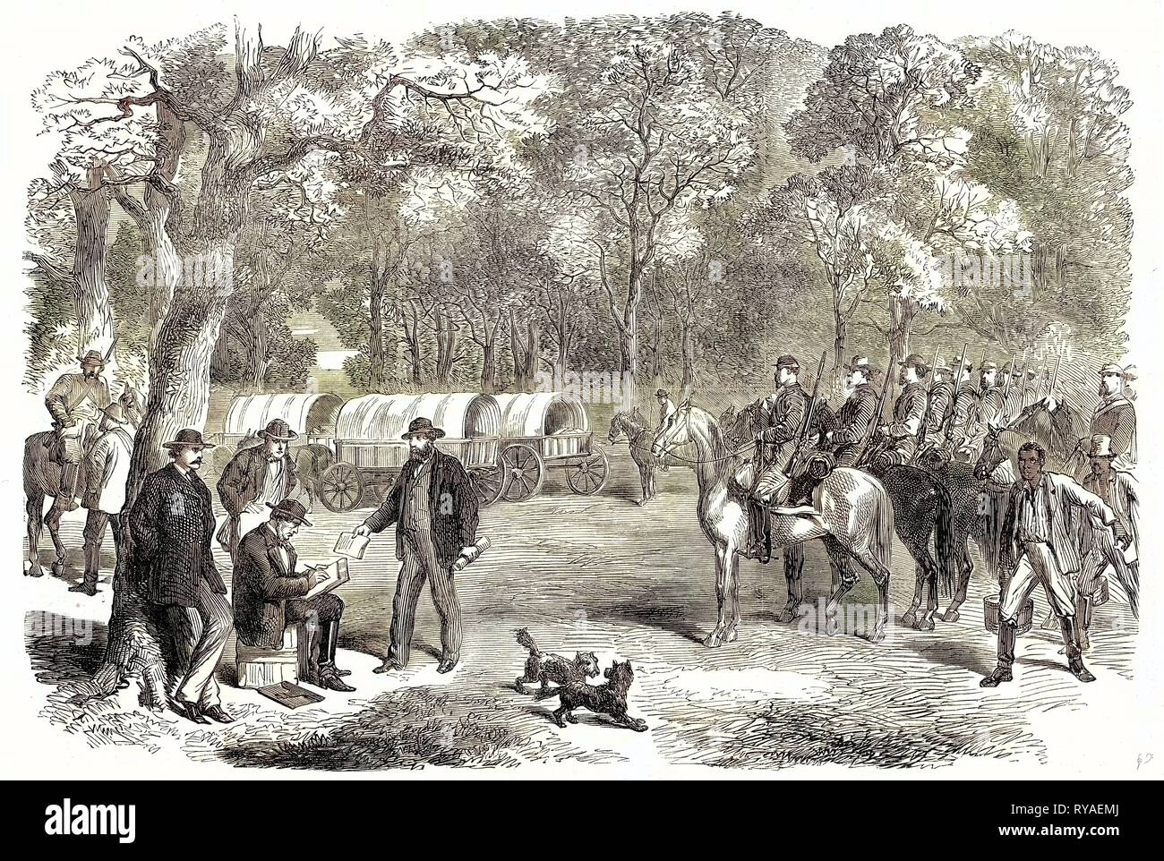 Fine della guerra civile americana degli ultimi giorni del governo confederato il sig. Jefferson Davis firma atti di governo dal ciglio della strada 22 Luglio 1865 Foto Stock