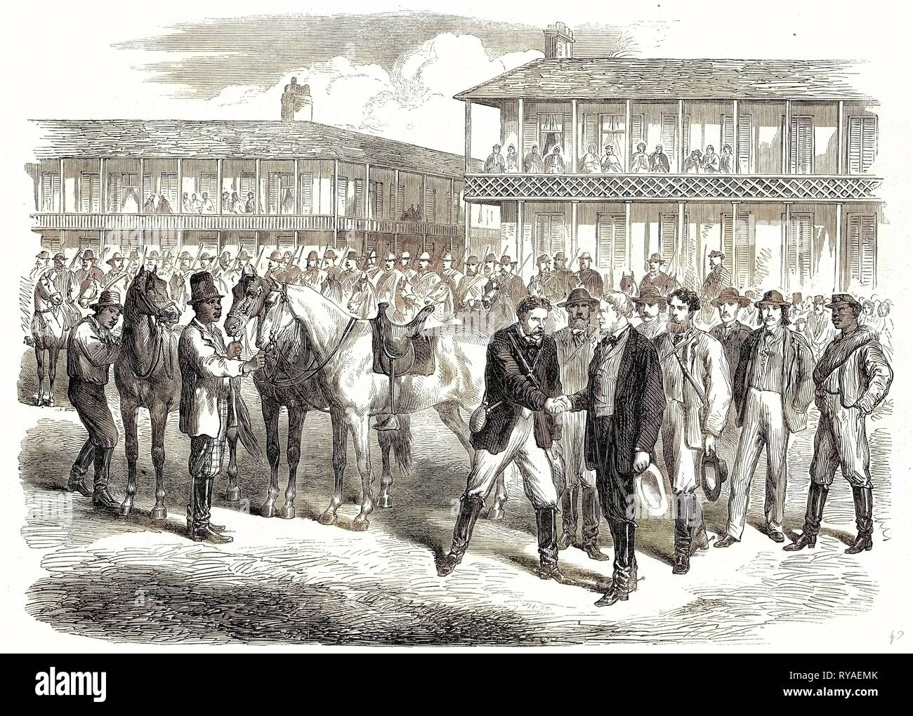 Fine della guerra civile americana degli ultimi giorni del governo confederato il sig. Jefferson Davis addio alla sua scorta di due giorni prima della sua cattura 22 Luglio 1865 Foto Stock