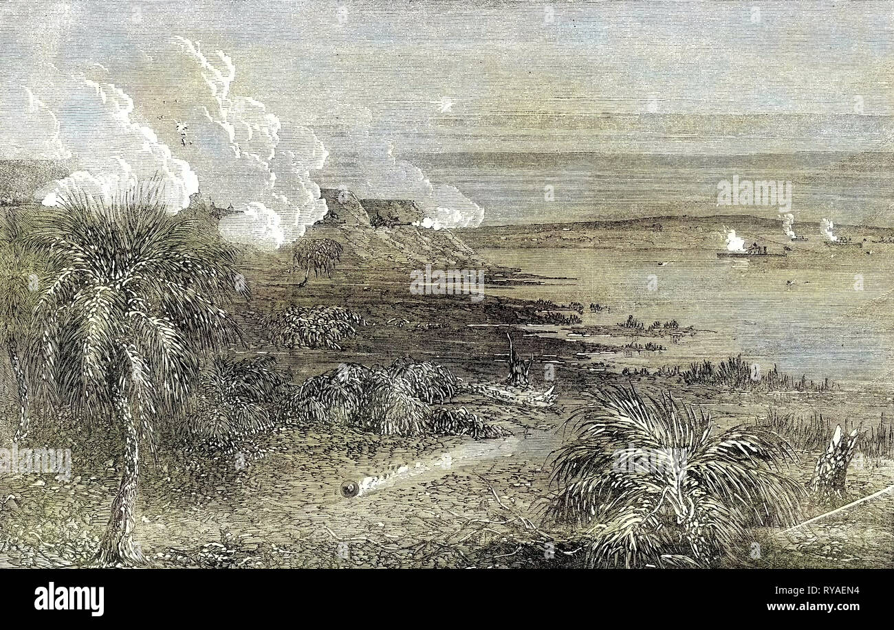 La guerra civile in America: Attacco da Gun-Boats Federale sulla Fort M'Allister Ogeechee River vicino a Savannah 18 Aprile 1863 Foto Stock