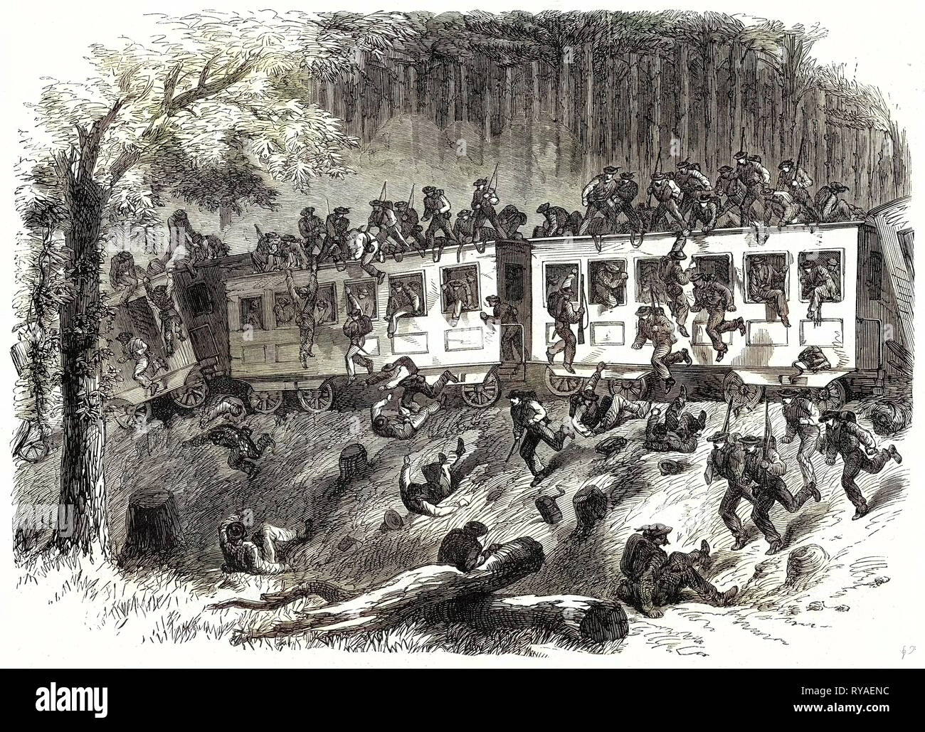 La guerra civile in America: treno con rinforzi per generale Johnston in esecuzione fuori pista nelle foreste del Mississippi 8 Agosto 1863 Foto Stock