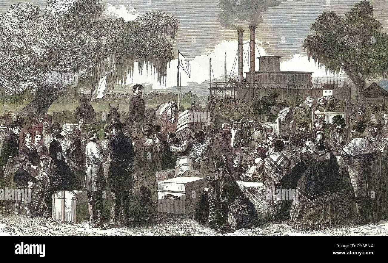 La guerra civile americana: arrivo di un sistema per la cottura a vapore federale con bandiera di tregua a Madisonville Lago Portchartrain 11 Aprile 1863 Foto Stock