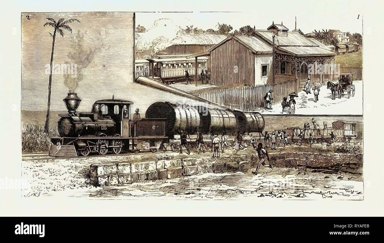 La nuova linea ferroviaria a Barbadoes, British West Indies: 1. Il Terminus a Bridgetown, 2. Arrivo del primo treno a Carrington del punto Foto Stock