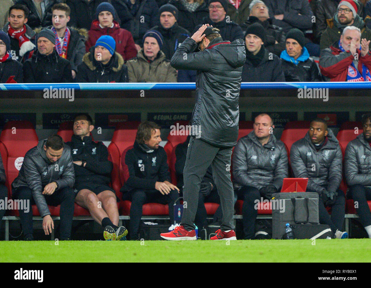 Monaco di Baviera, Germania. 13 Mar, 2019. Juergen KLOPP, headcoach Liverpool , il team manager, triste, deluso, arrabbiato, emozioni, delusione e frustrazione, frustrato tristezza, disperato, disperazione, FC Bayern Monaco - FC LIVERPOOL calcio UEFA Champions League , Monaco di Baviera, 13 marzo 2019, STAGIONE 2018/2019, round dello scorso 16, FCB, Rossi, Baviera, © Peter Schatz / Alamy Live News Credito: Peter Schatz/Alamy Live News Foto Stock