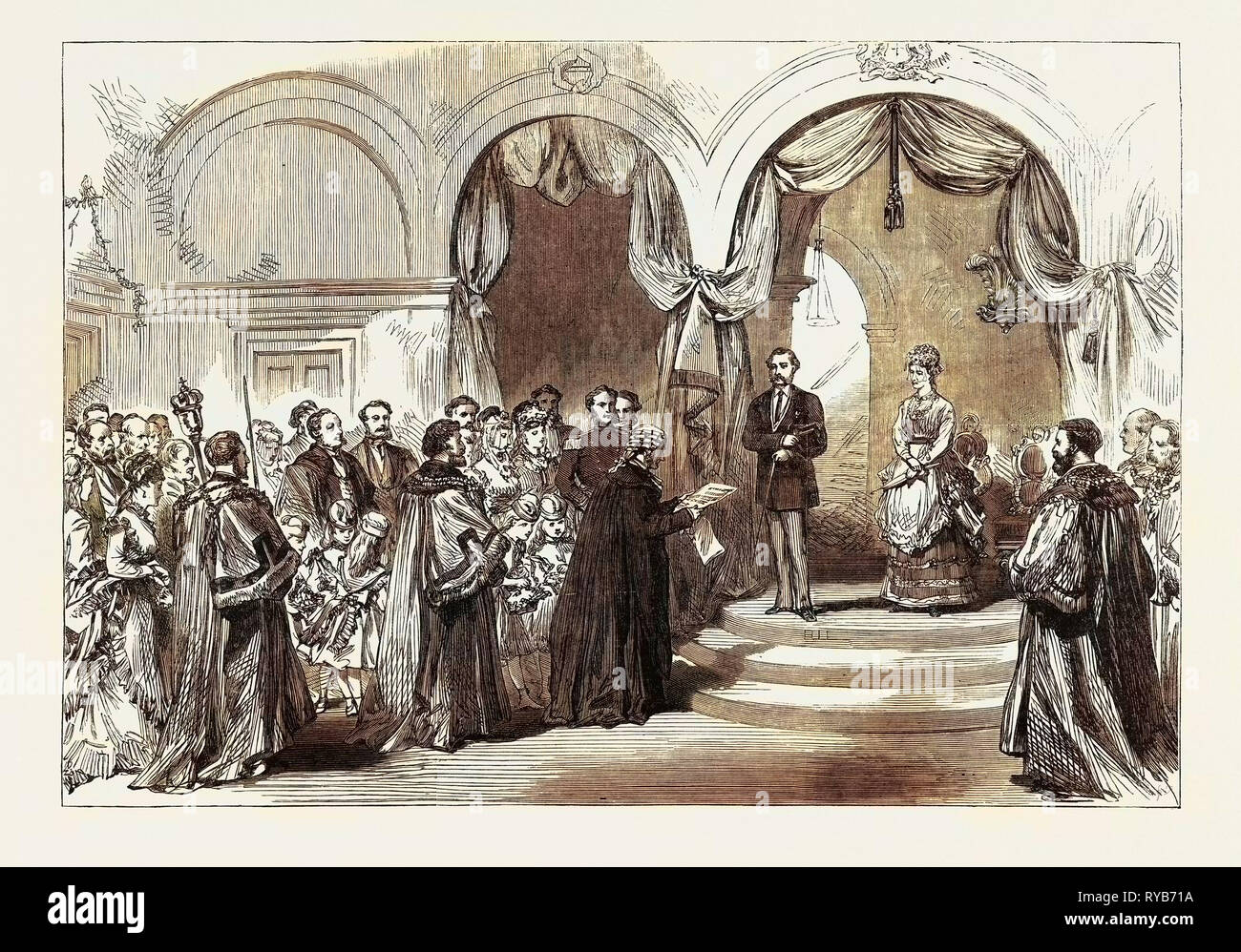 La reception del Principe e della Principessa di Galles alla stazione ferroviaria, Hull: la città addetto di lettura dell'indirizzo, 1869 Foto Stock