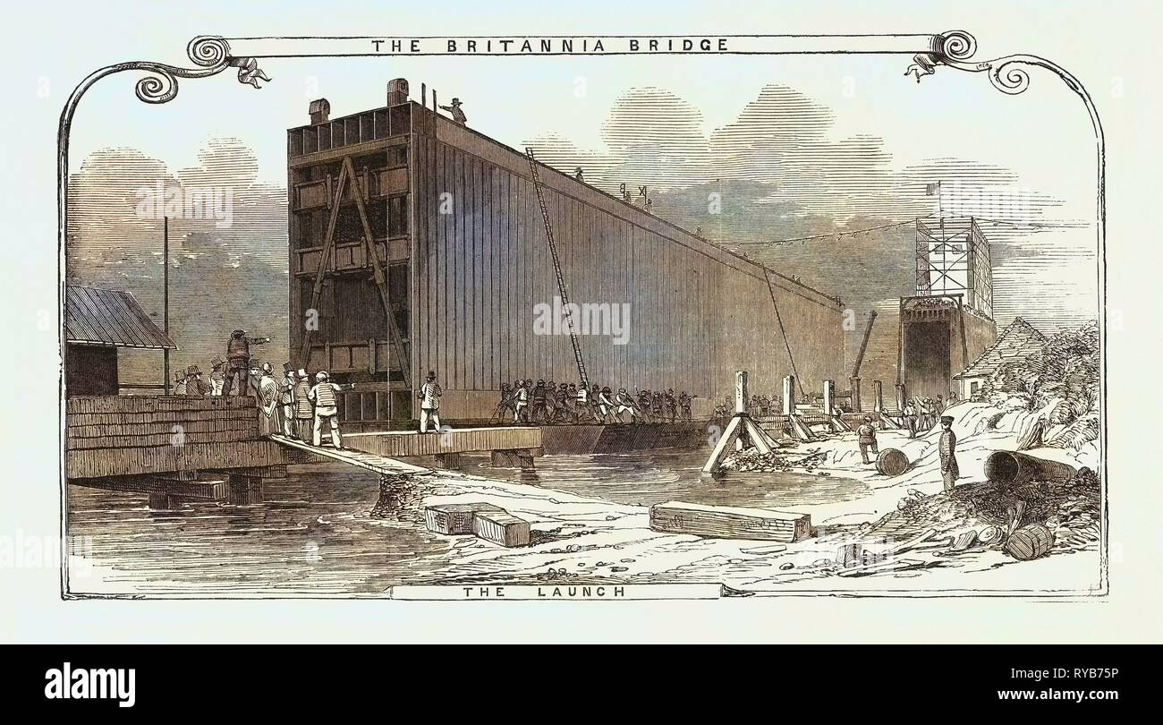 Il Britannia Bridge: il lancio, 1849 Foto Stock