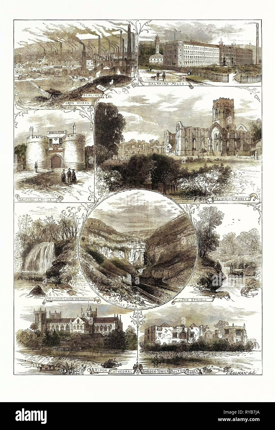 Località vicine a Bradford visitati dalla British Association, 1873. Skipton Castle, Saltaire Mills, Fountains Abbey, Malham grotte cascata, nella cattedrale di Ripon, Barden Tower, Bolton Abbey, il 'hotel Astrid, opere in ferro Foto Stock