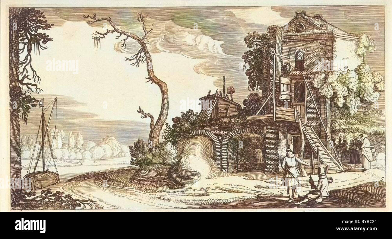 Due falconieri in una torre usata come una locanda, stampa maker: Jan van de Velde II, 1639 - 1641 Foto Stock