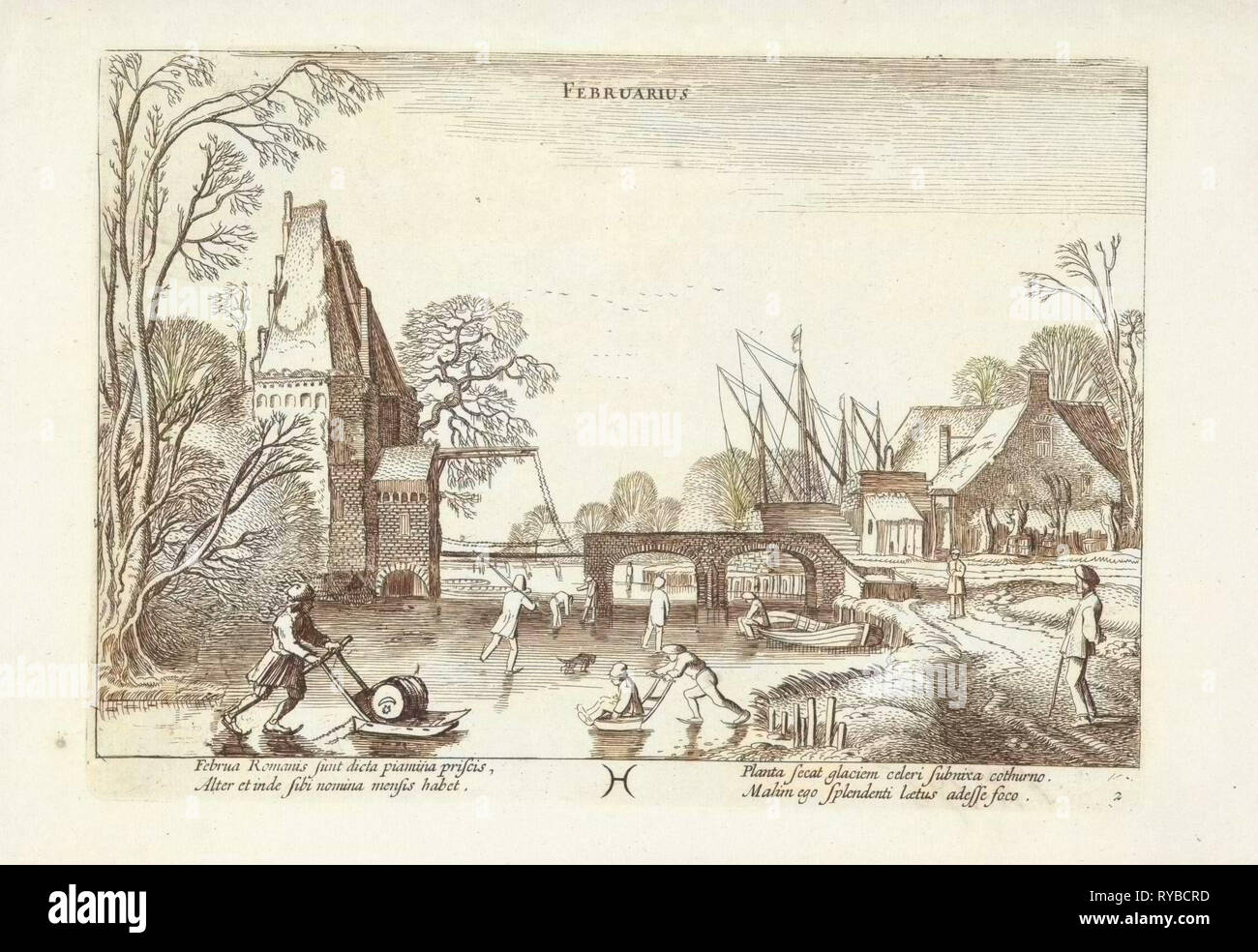 Paesaggio invernale con pattinatori e figure con slittini sul ghiaccio, raffigurante il mese di febbraio, il simbolo astrologico della costellazione pesci, stampa maker: Jan van de Velde (II), risalente 1608 - 1618 e/o 1630 - 1699 Foto Stock