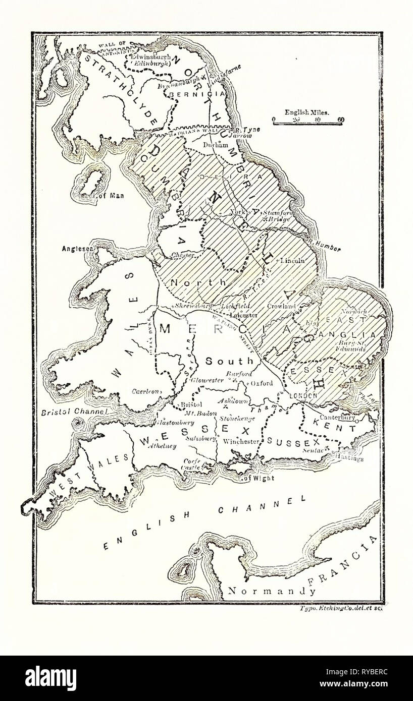 Mappa di Inghilterra che mostra i Regni anglosassoni e distretti danese Foto Stock