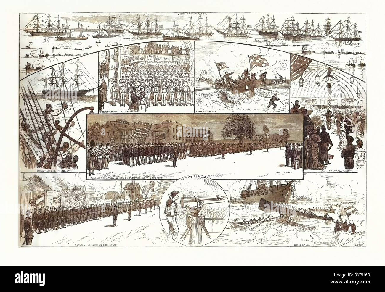 Incidenti navali fortezza di riesame Monroe. Da schizzi di J.O. Davidson, noi, Stati Uniti d'America, America, Stati Uniti, American, incisione 1880 Foto Stock