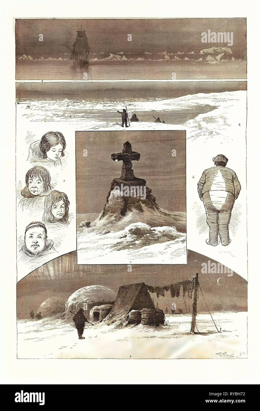 La ricerca di Sir John Franklin, 1. Avvicinando Ice-Pack. 2. Punto di Smith, il passaggio a nord ovest nave affondò. 3. Ritratti di gruppo, Toweeniah, Tooktoocheer, Ahlangyah , Ogzeuckjuock. 4. Mate con "Pezzi di braccio." 5. Monumento di morire di fame Cove. 6. Camp Winter-Quarters Daly. Incisione 1880 Foto Stock