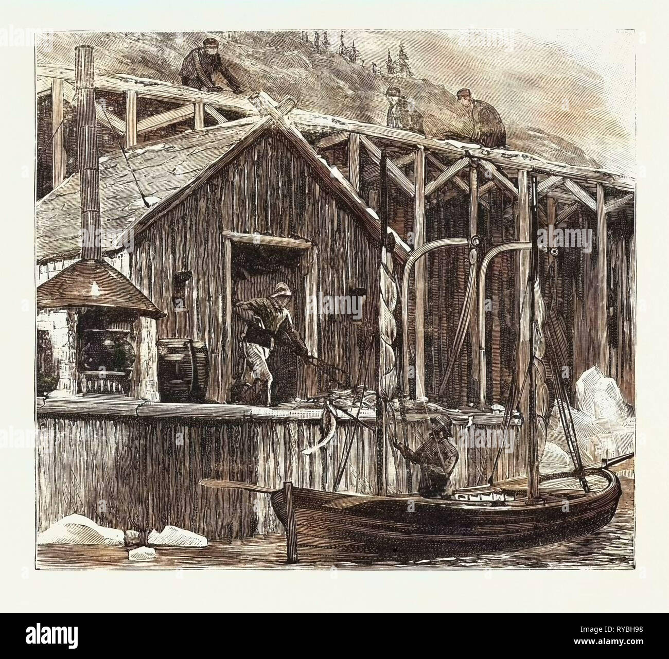 Il Terranova questione della pesca: pesca britannica camera sulla riva francese, Canada, 1890 l'incisione Foto Stock