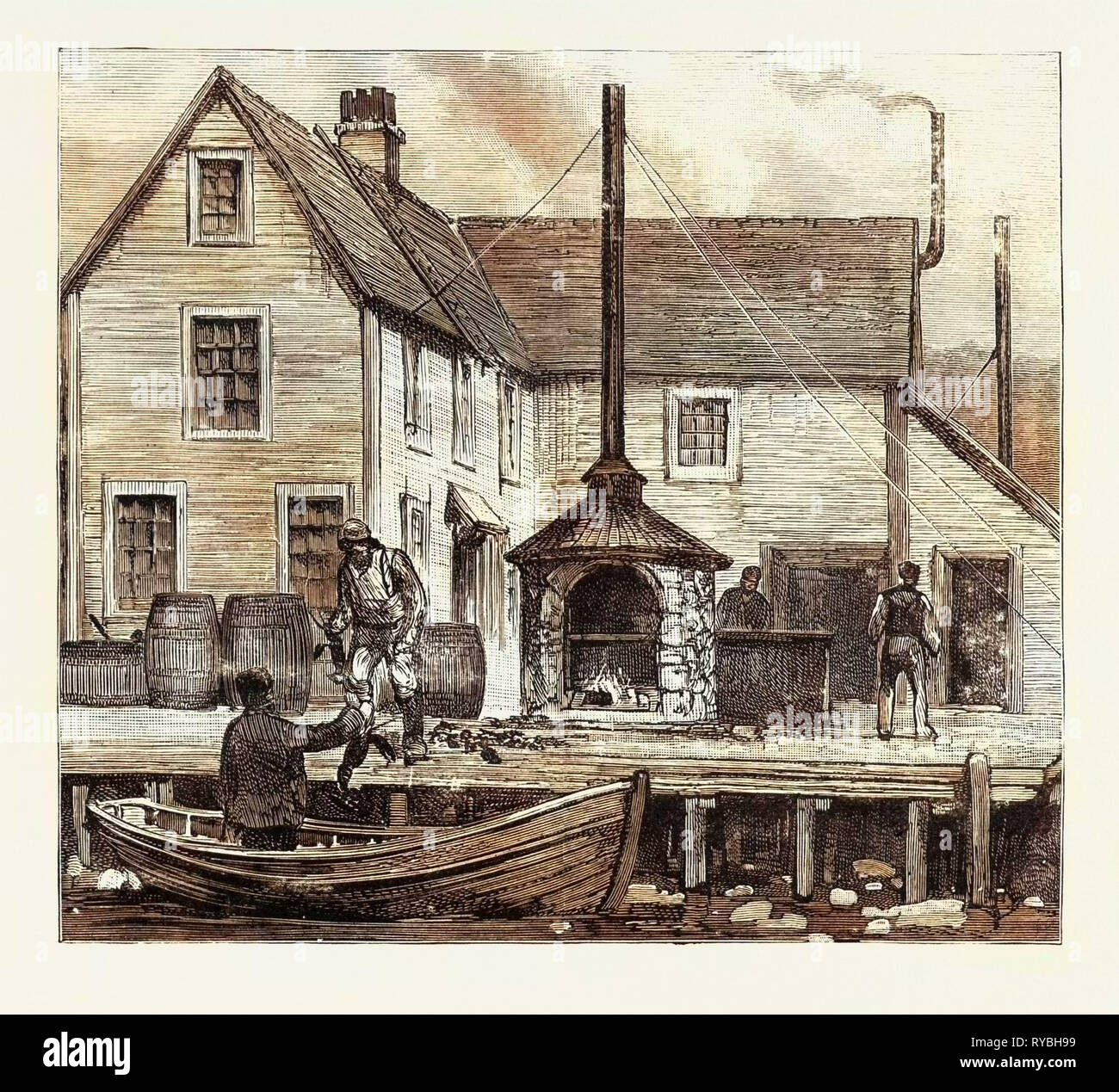 Il Terranova questione della pesca: Terranova Lobster fabbrica sulla riva francese, Canada, 1890 l'incisione Foto Stock
