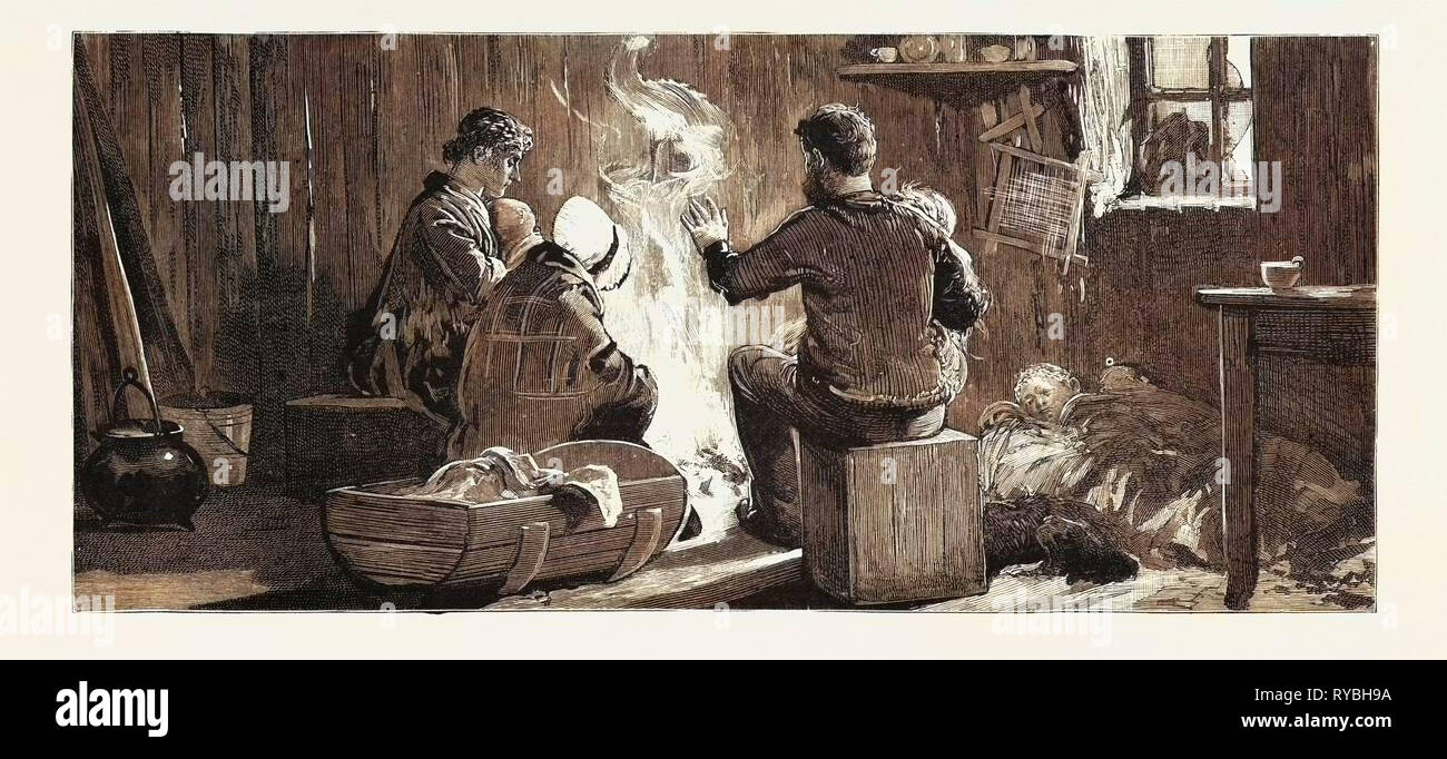 Il Terranova questione della pesca: interni di un pescatore inglese del capanno sulla riva francese, dei pescatori britannici non hanno il permesso di pescare, Canada, 1890 l'incisione Foto Stock