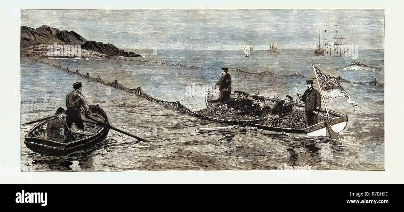 Il Terranova questione della pesca: British uomo di guerra la rimozione e la confisca di salmone Terranova Net, lasciando il francese Net incontaminati, Canada, 1890 l'incisione Foto Stock