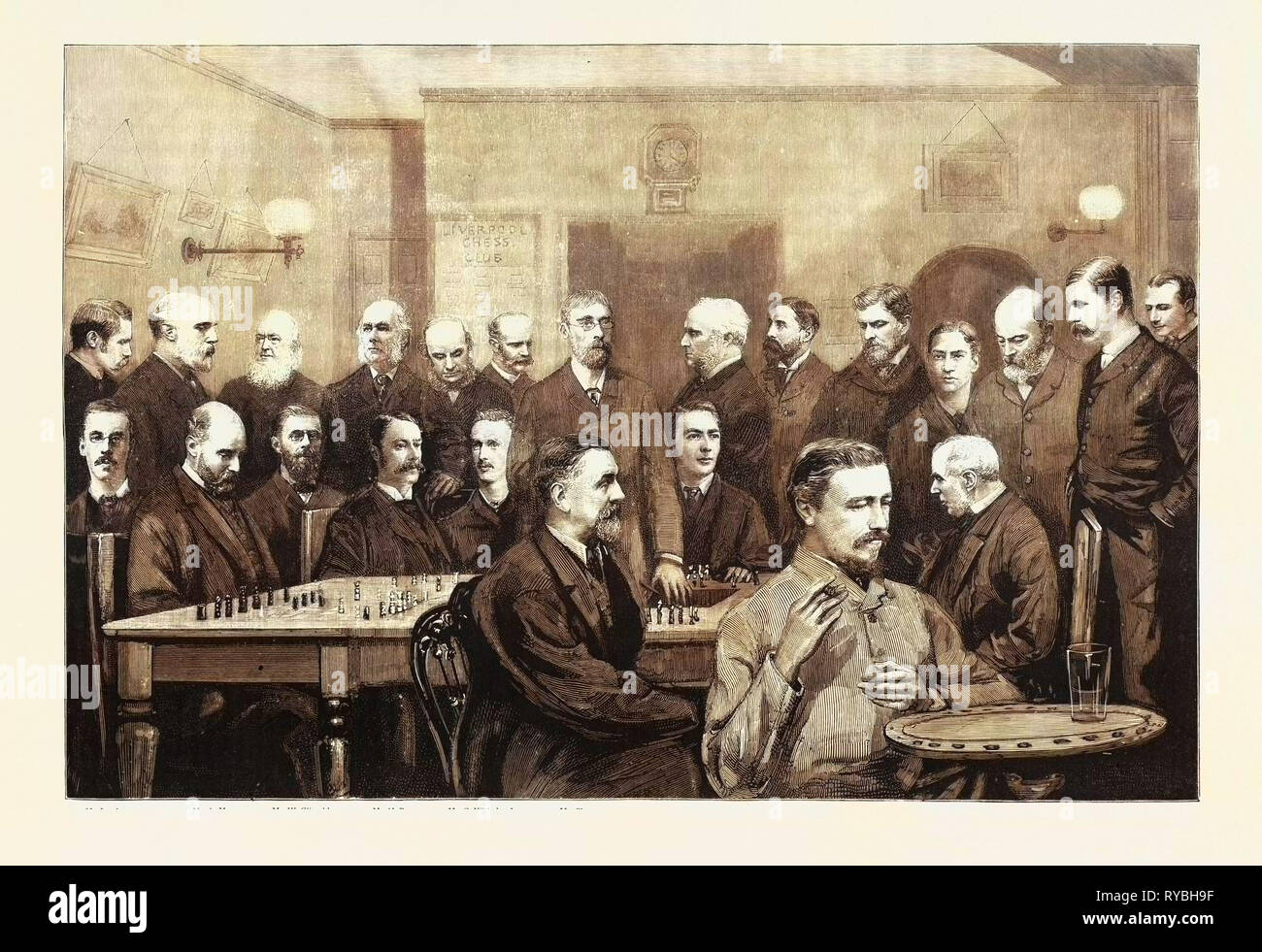 La Internazionale congresso scacchi: alcuni dei principali membri del Liverpool Chess Club, il sig. Harris, il sig. B. barbiere, Rev. H.H. Higgins, il sig. C.H. Cox, il sig. S. Wright, il sig. Formby, il sig. A. Masterizzazione (Presidente), il Rev. J. Owen, sig. J. Gallagher, il sig. Wellington, il sig. Kaizer, sig. J. Lister, il sig. Ellis, il sig. Powell, il sig. cuoio, il sig. A. Meyers, il sig. W. Clissold, il sig. H. Bennett, il sig. G. Whitehead, il sig. Charney, il Sig. Howard, il sig. J.H. Blackburne, il dottor Sinclair, 1890 l'incisione Foto Stock