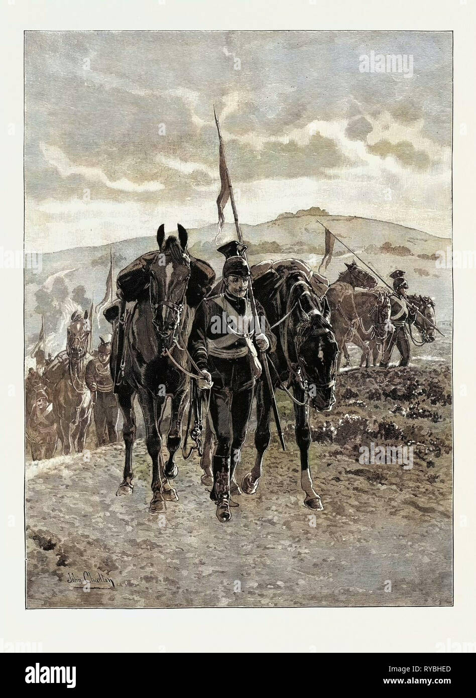 Le manovre di cavalleria: Alla fine della giornata, Lancieri che portano i loro cavalli in Camp dopo un lungo giorno di marzo 1890 l'incisione Foto Stock