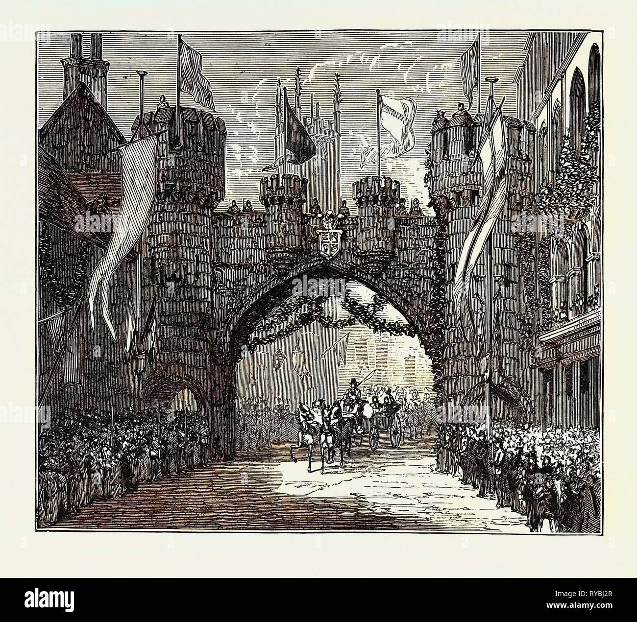 Il principe e la Principessa di Galles a Chatsworth e Derby: arco trionfale a Derby Foto Stock