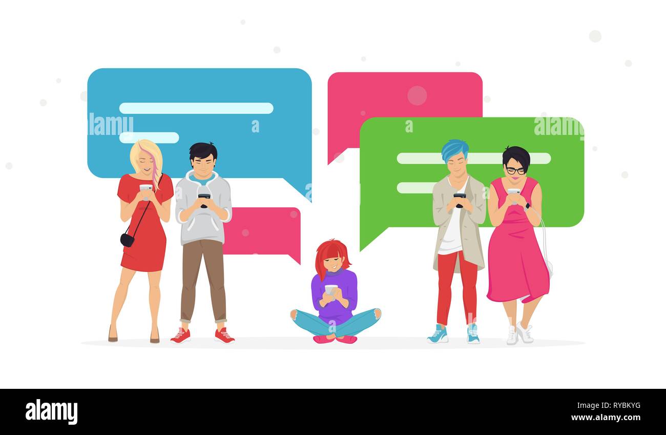 Chat fumetti per i messaggi sms per comunicare e condividere meme piatta illustrazione vettoriale di giovani adolescenti utilizzando mobile smartphone per chatt Illustrazione Vettoriale