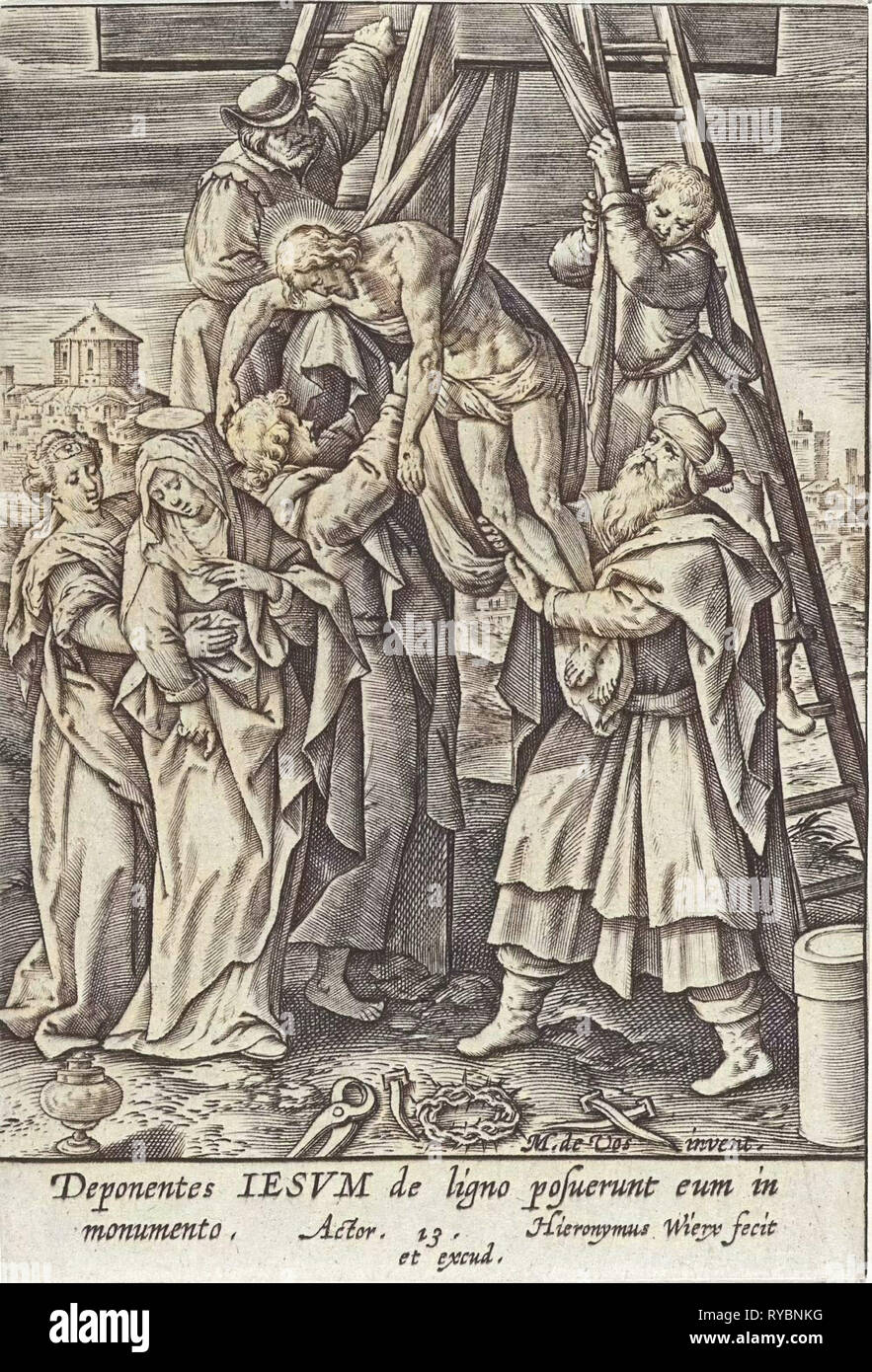 La deposizione, stampa maker: Hieronymus WIERIX, Maerten de Vos, Hieronymus WIERIX, 1563 - prima del 1619 Foto Stock