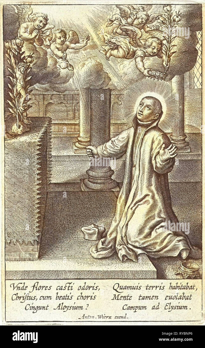 Luigi Gonzaga inginocchiato dinanzi ad un altare, Antonie Wierix (II), anonimo, 1565 - prima del 1604 Foto Stock
